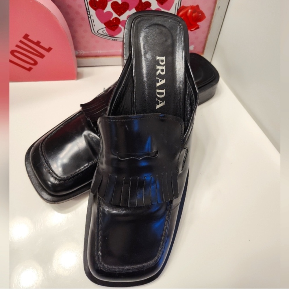 Prada Black Leather Fringe Mule Slides